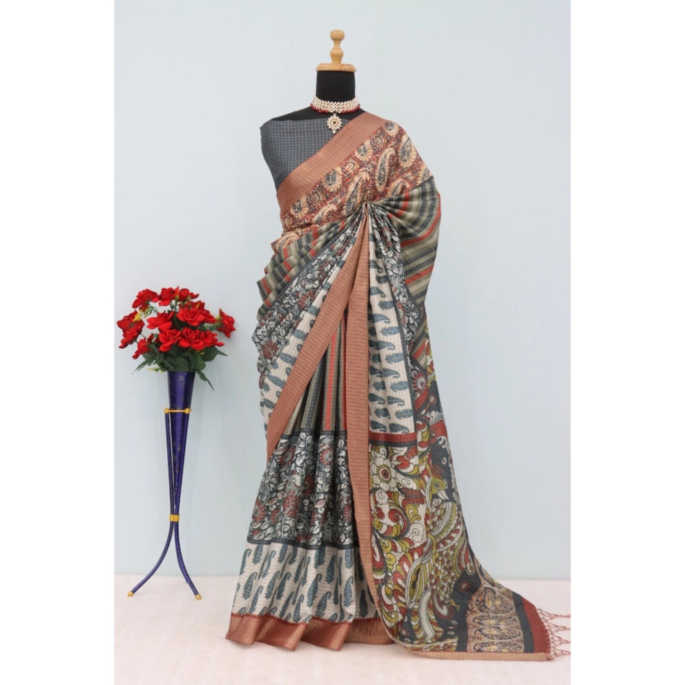 Amfyn Women's Mysore Silk Digital Print Saree With Unstitched Blouse 5.5Mtr (Grey)