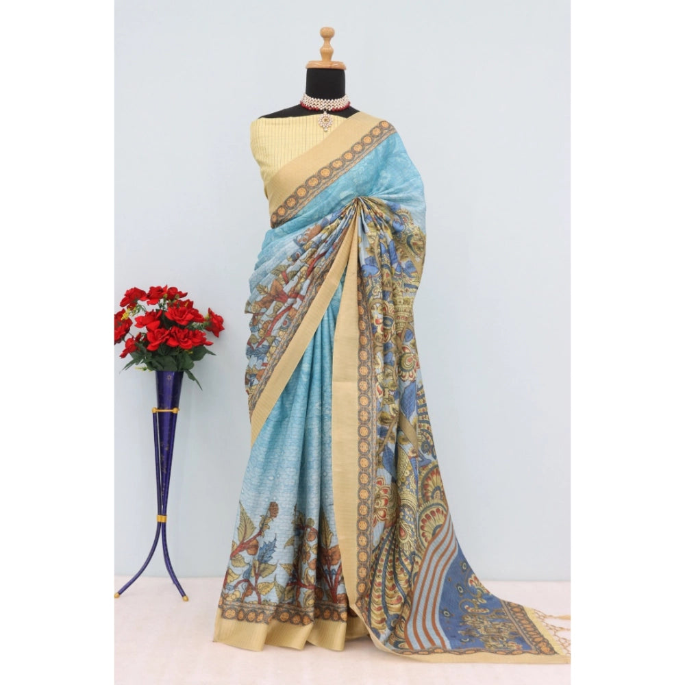 Amfyn Women's Mysore Silk Digital Print Saree With Unstitched Blouse 5.5Mtr (Sky Blue)