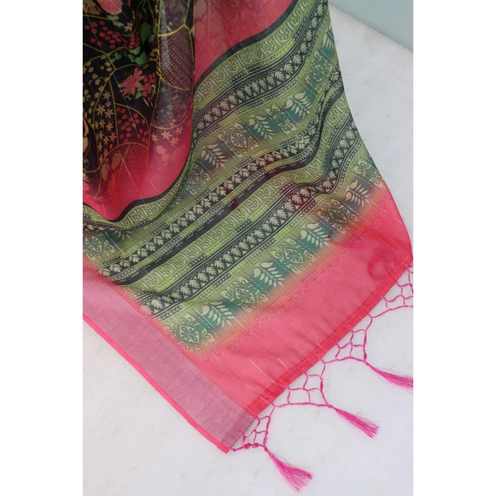 Amfyn Women's Linen Digital Print Saree With Unstitched Blouse 5.5Mtr (Multicolor)