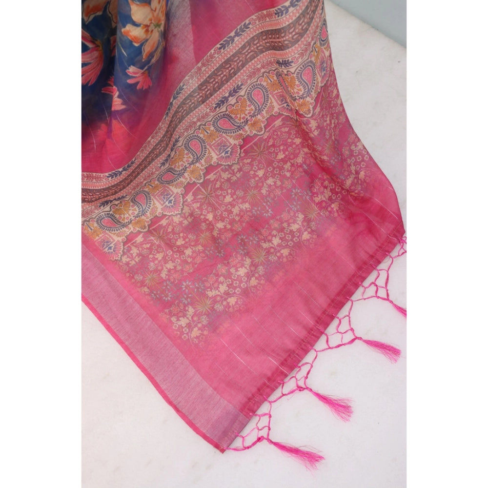 Amfyn Women's Linen Digital Print Saree With Unstitched Blouse 5.5Mtr (Blue)