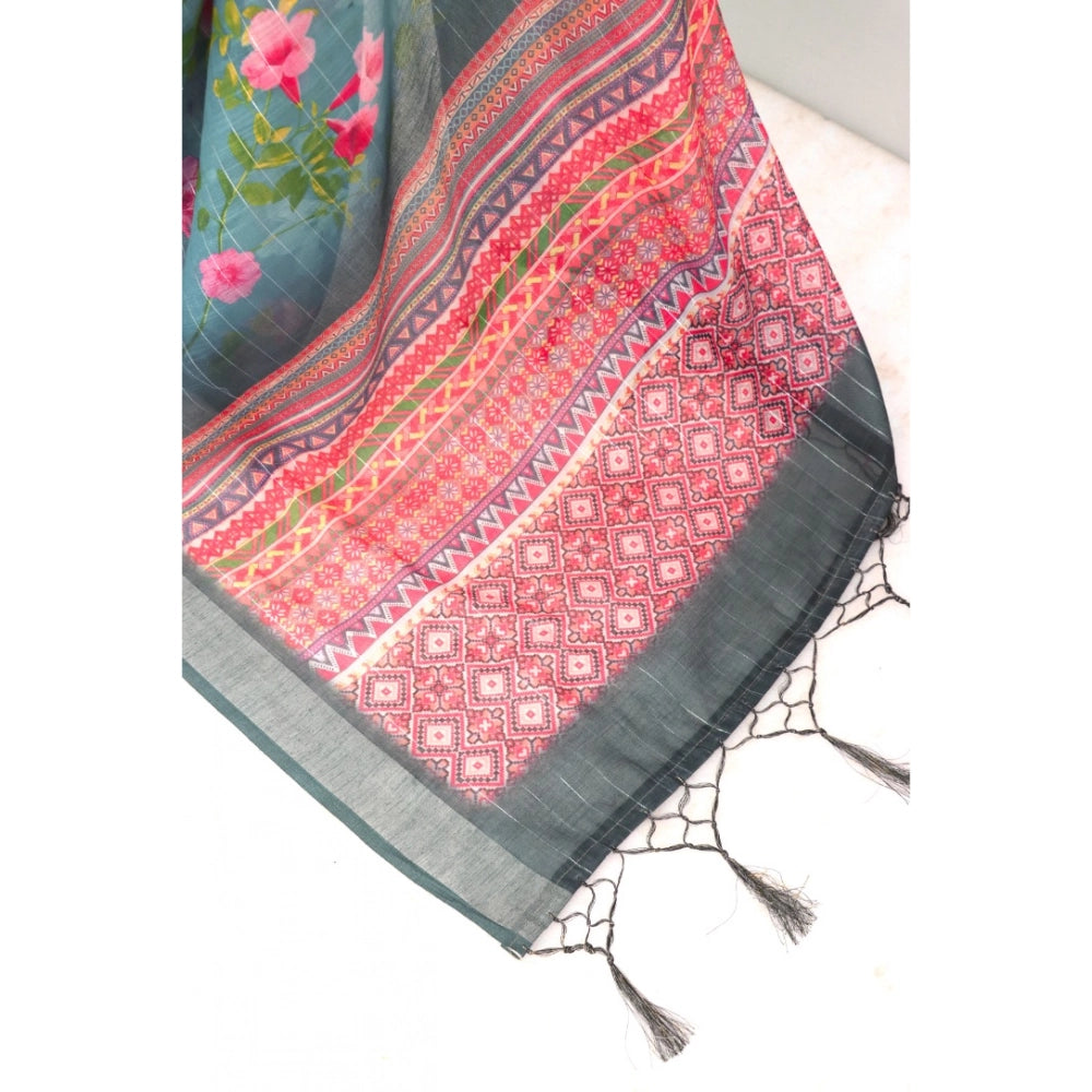 Amfyn Women's Linen Digital Print Saree With Unstitched Blouse 5.5Mtr (Green)