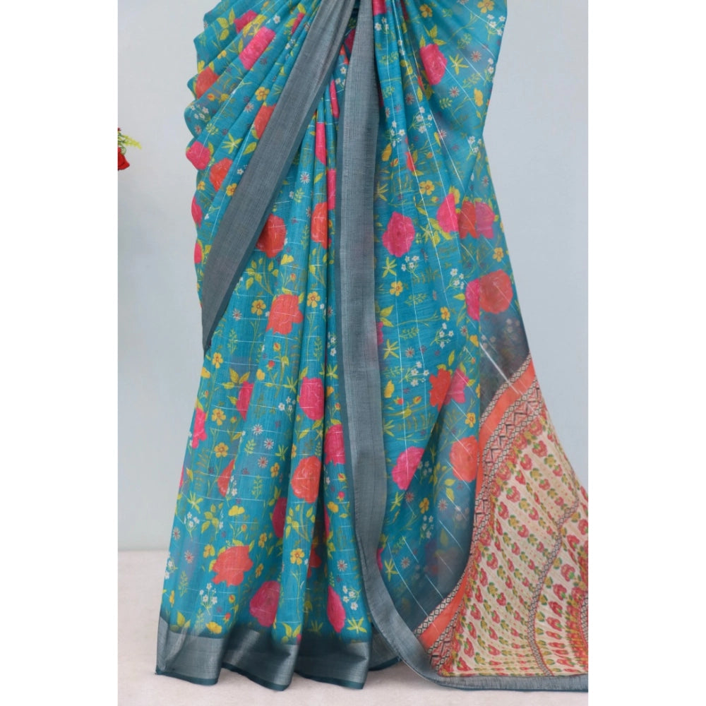 Amfyn Women's Linen Digital Print Saree With Unstitched Blouse 5.5Mtr (Green)