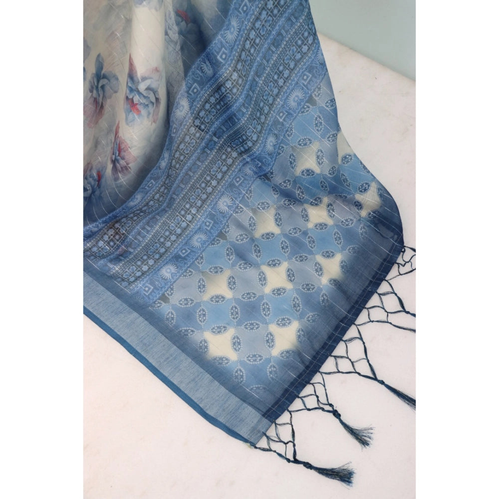 Amfyn Women's Linen Digital Print Saree With Unstitched Blouse 5.5Mtr (Blue)