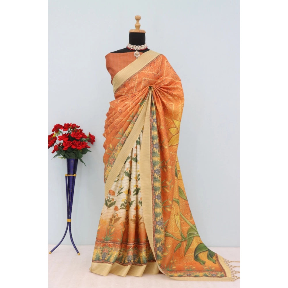 Amfyn Women's Mysore Silk Digital Print Saree With Unstitched Blouse 5.5Mtr (Mustard)