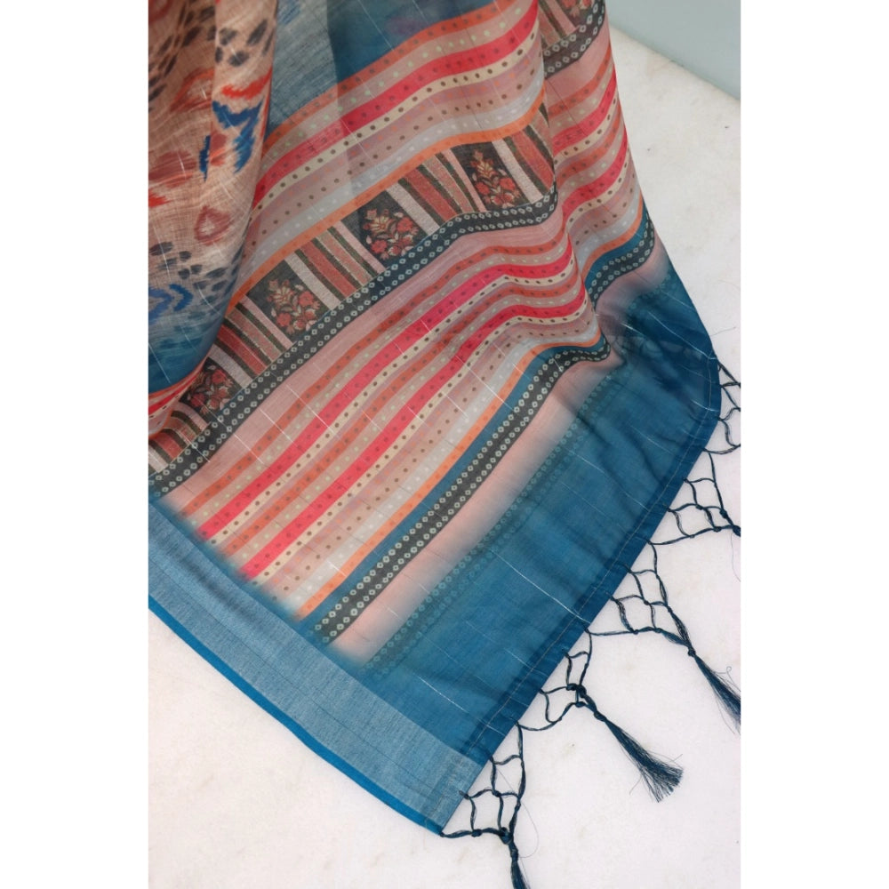 Amfyn Women's Linen Digital Print Saree With Unstitched Blouse 5.5Mtr (Multicolor)