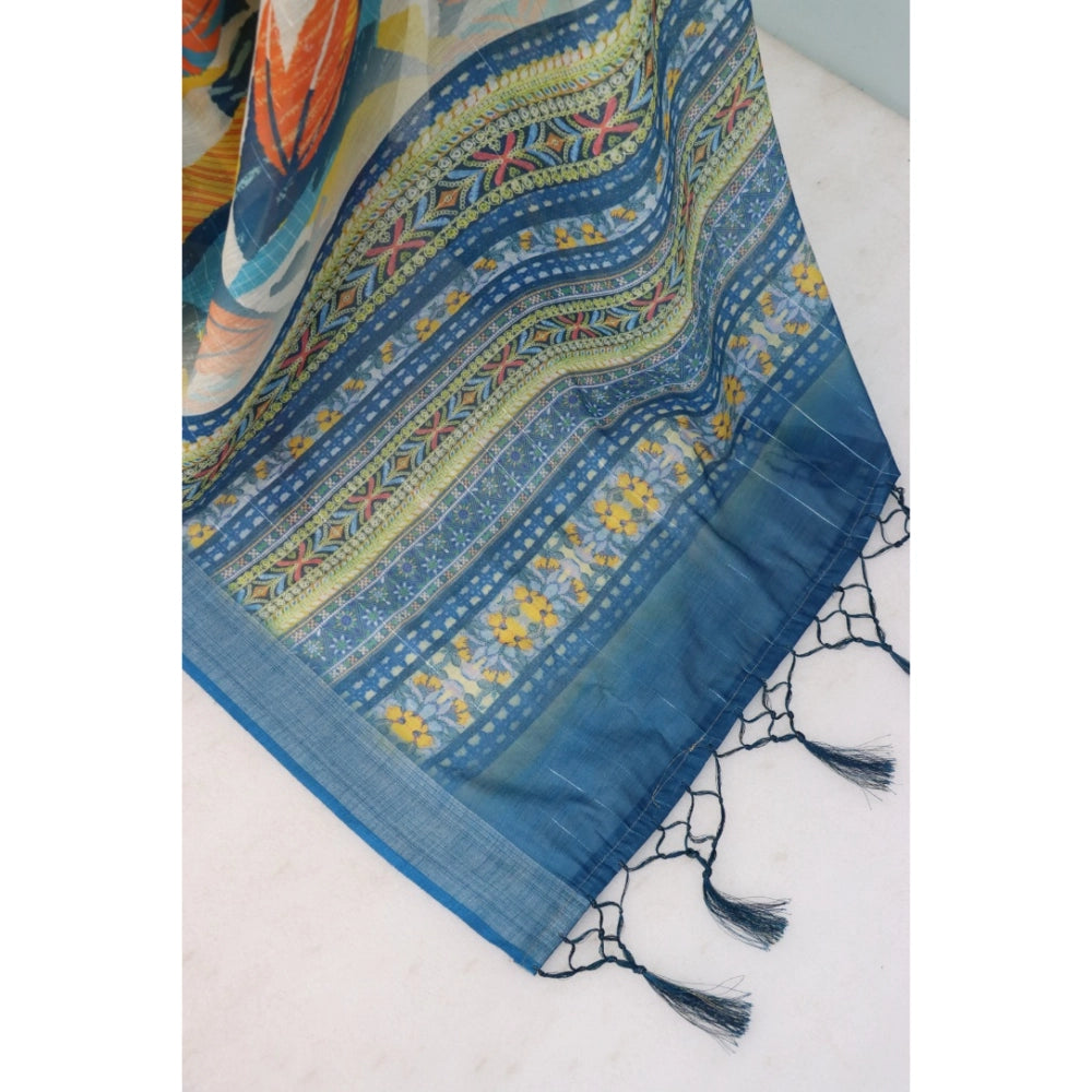 Amfyn Women's Linen Digital Print Saree With Unstitched Blouse 5.5Mtr (Multicolor)