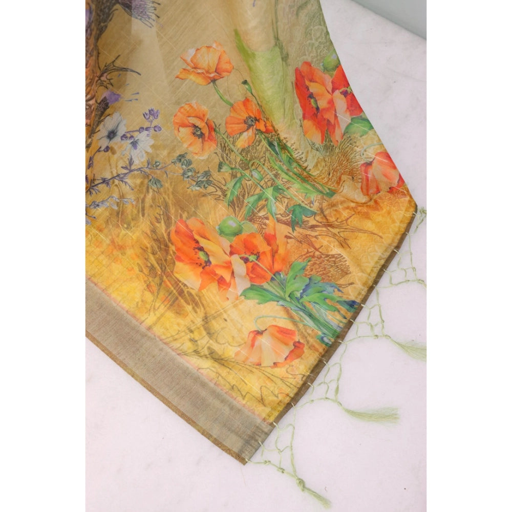 Amfyn Women's Linen Digital Print Saree With Unstitched Blouse 5.5Mtr (Multicolor)