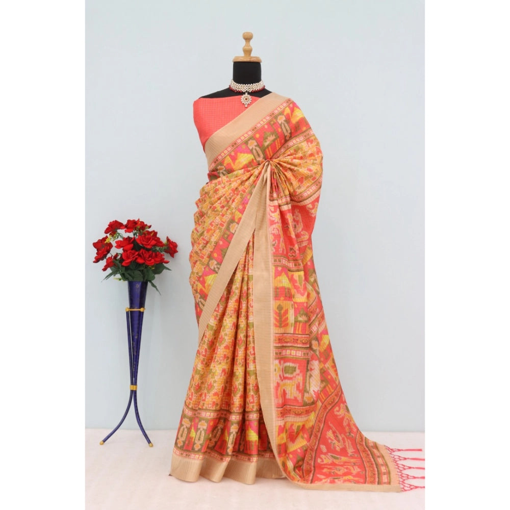 Amfyn Women's Mysore Silk Digital Print Saree With Unstitched Blouse 5.5Mtr (Orange)
