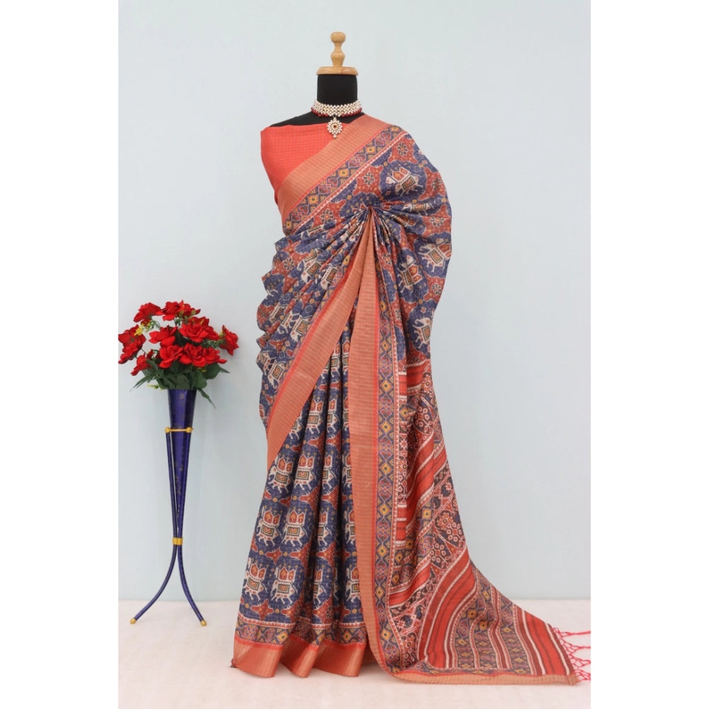 Amfyn Women's Mysore Silk Digital Print Saree With Unstitched Blouse 5.5Mtr (Blue)