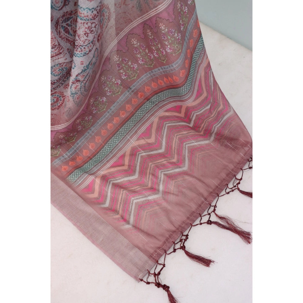 Amfyn Women's Linen Digital Print Saree With Unstitched Blouse 5.5Mtr (Brown)