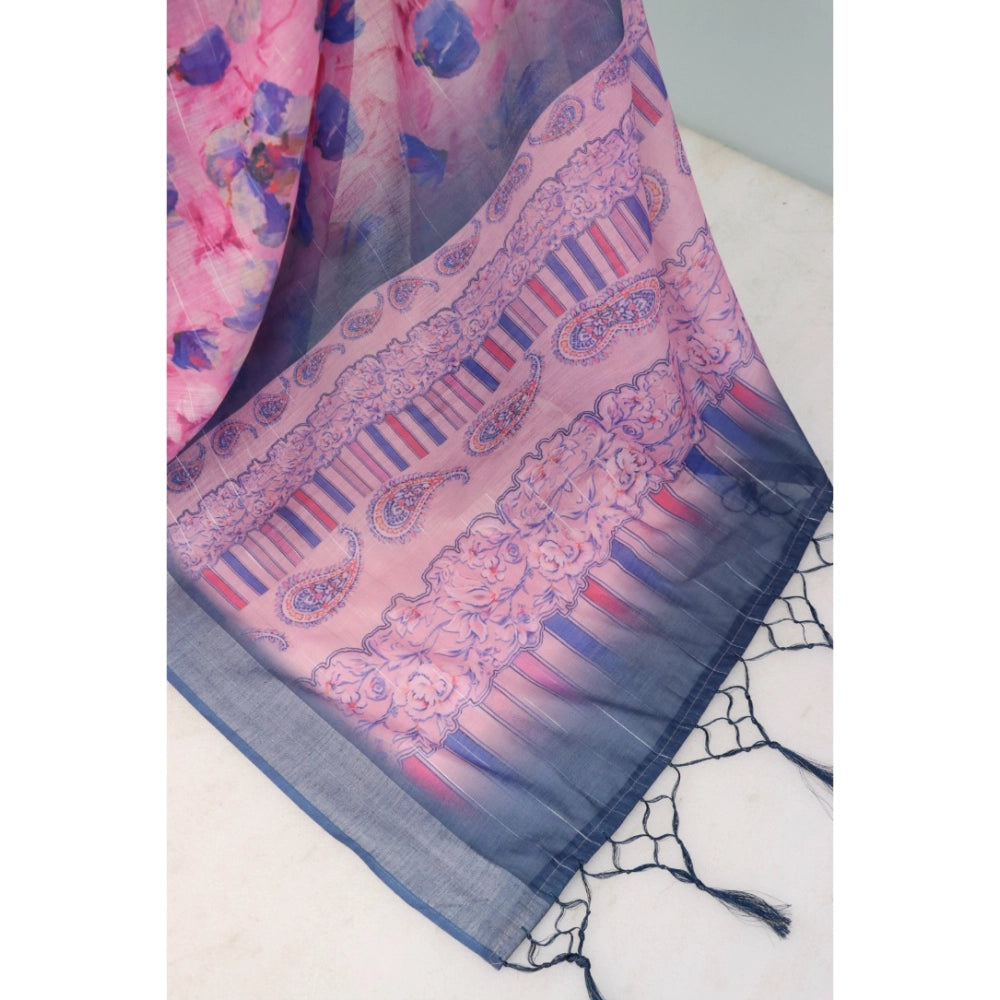 Amfyn Women's Linen Digital Print Saree With Unstitched Blouse 5.5Mtr (Multicolor)