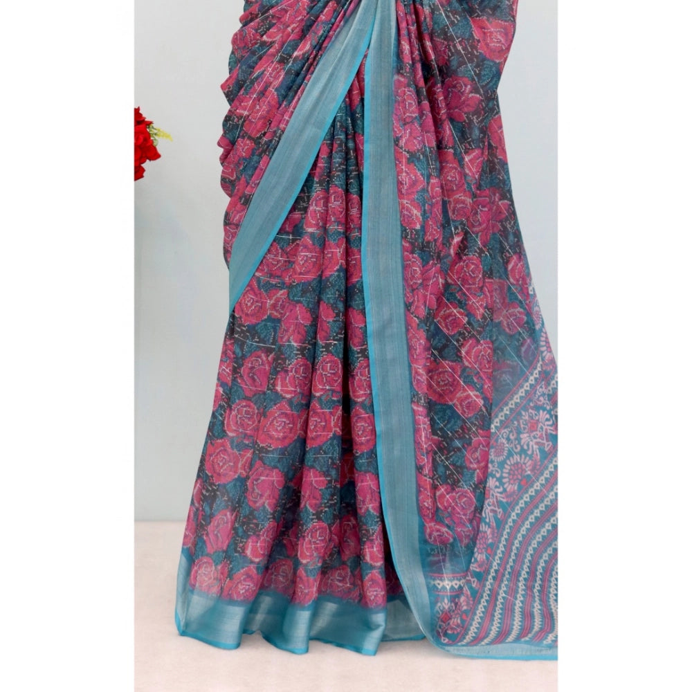 Amfyn Women's Linen Digital Print Saree With Unstitched Blouse 5.5Mtr (Blue)