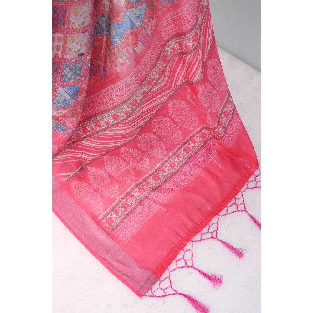 Amfyn Women's Linen Digital Print Saree With Unstitched Blouse 5.5Mtr (Pink)