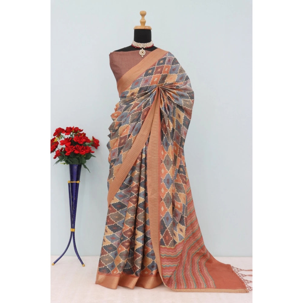 Amfyn Women's Mysore Silk Digital Print Saree With Unstitched Blouse 5.5Mtr (Brown)