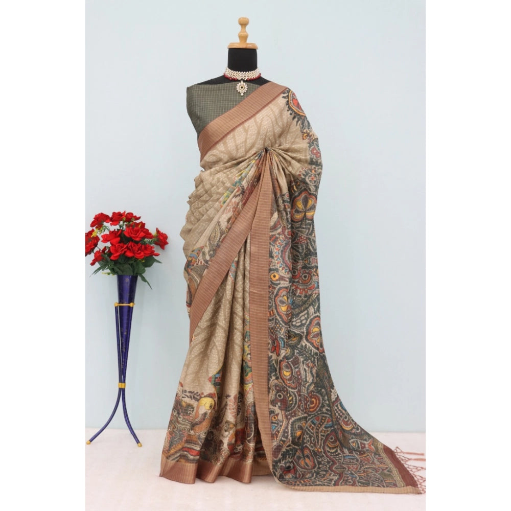 Amfyn Women's Mysore Silk Digital Print Saree With Unstitched Blouse 5.5Mtr (Beige)