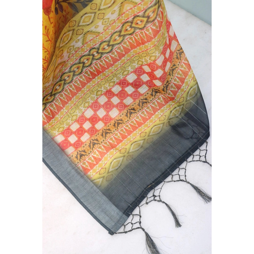 Amfyn Women's Linen Digital Print Saree With Unstitched Blouse 5.5Mtr (Multicolor)