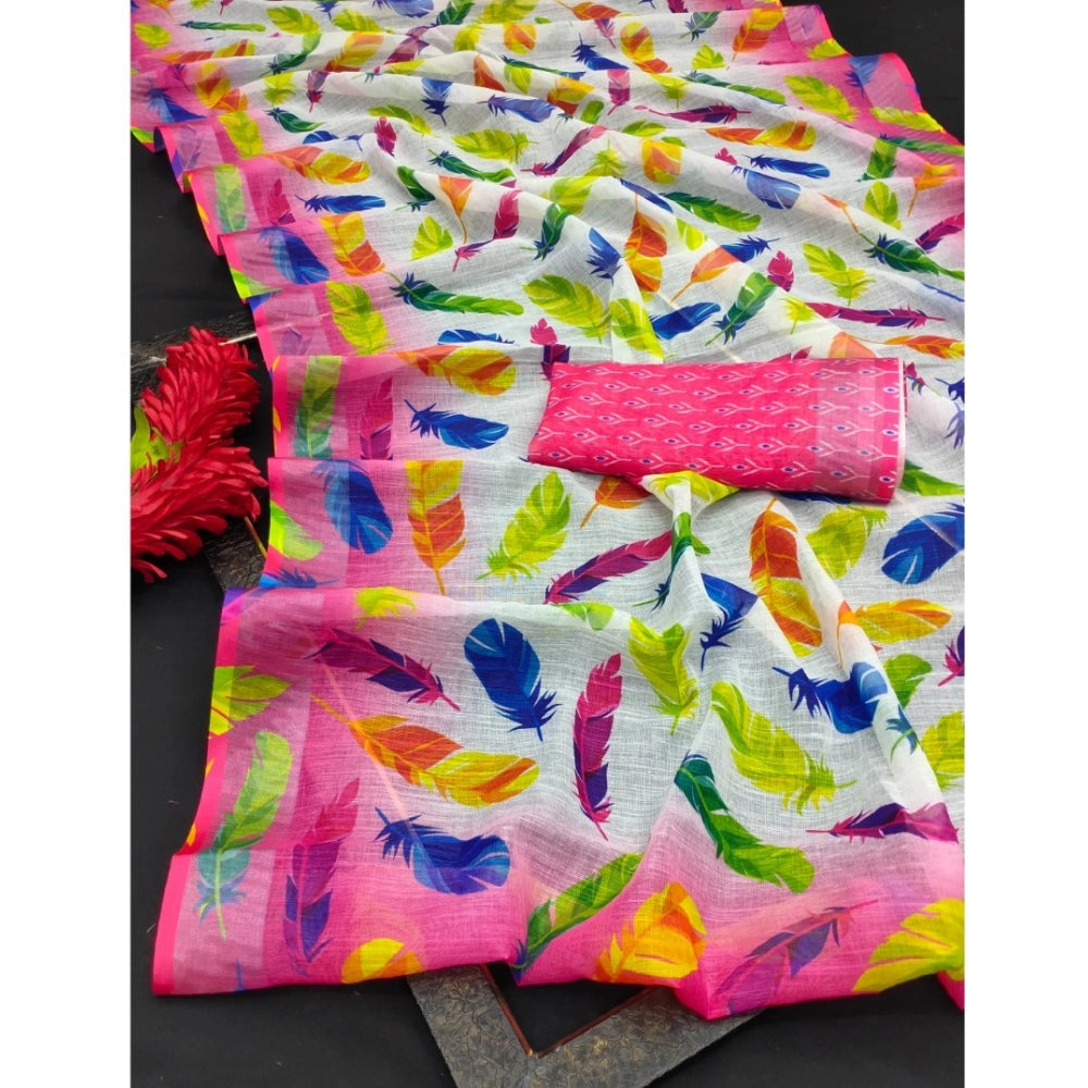 Amfyn Women's Cotton Linen Woven Design Saree With Unstitched Blouse 5.5Mtr (Pink)