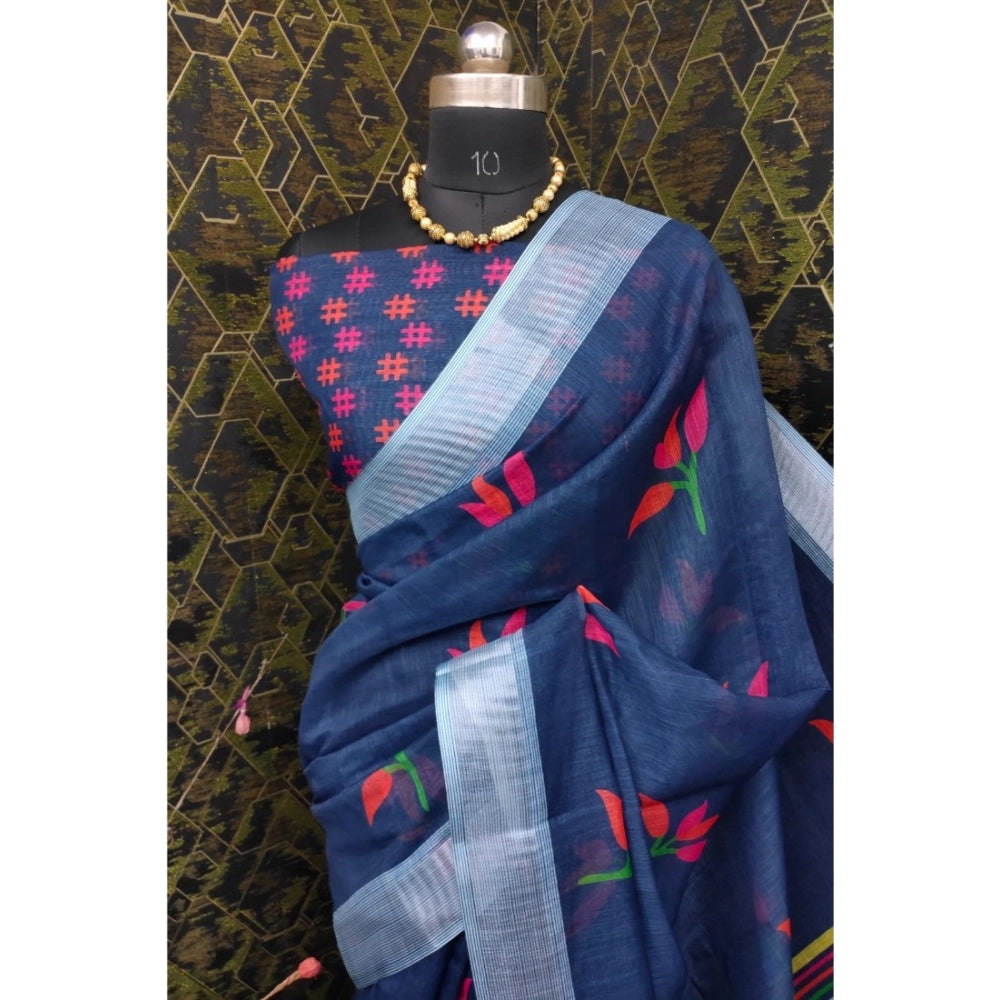 Amfyn Women's Cotton Linen Digital Print Saree With Unstitched Blouse 5.5Mtr (Blue)