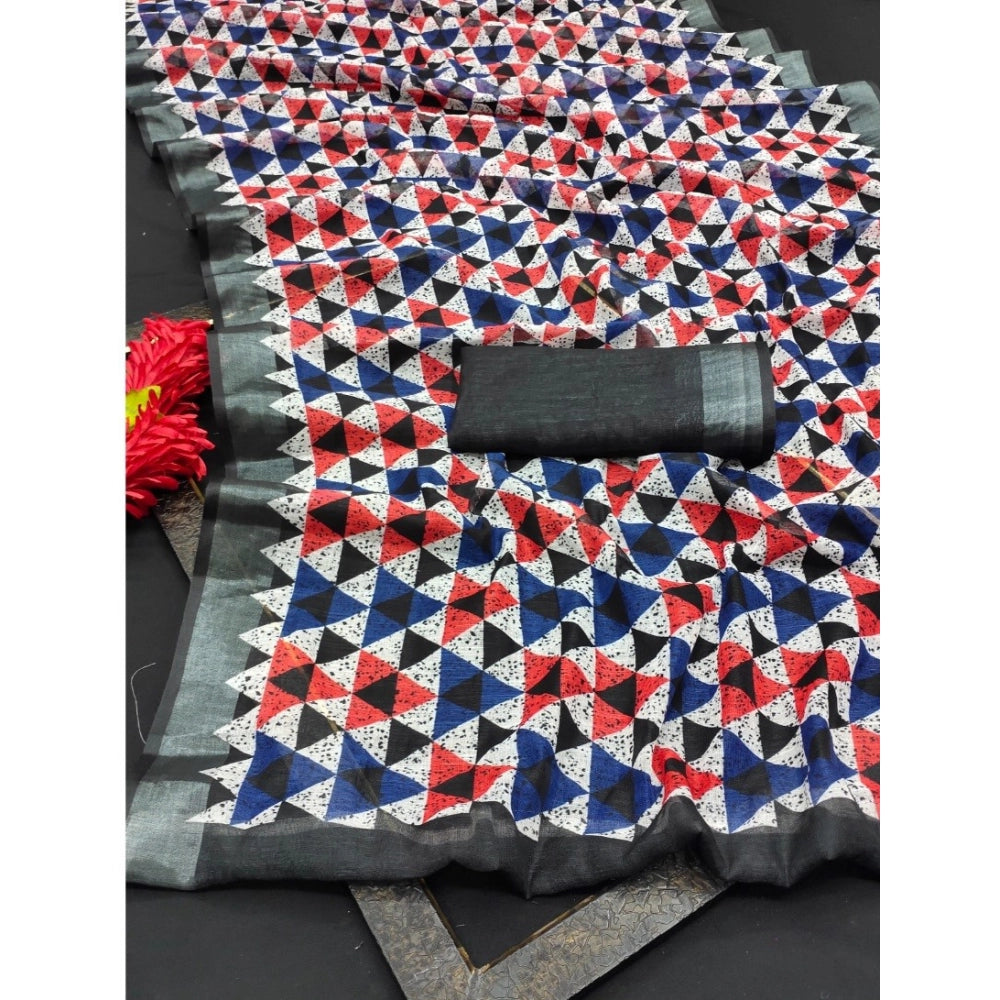 Amfyn Women's Cotton Linen Printed Saree With Unstitched Blouse 5.5Mtr (Black)