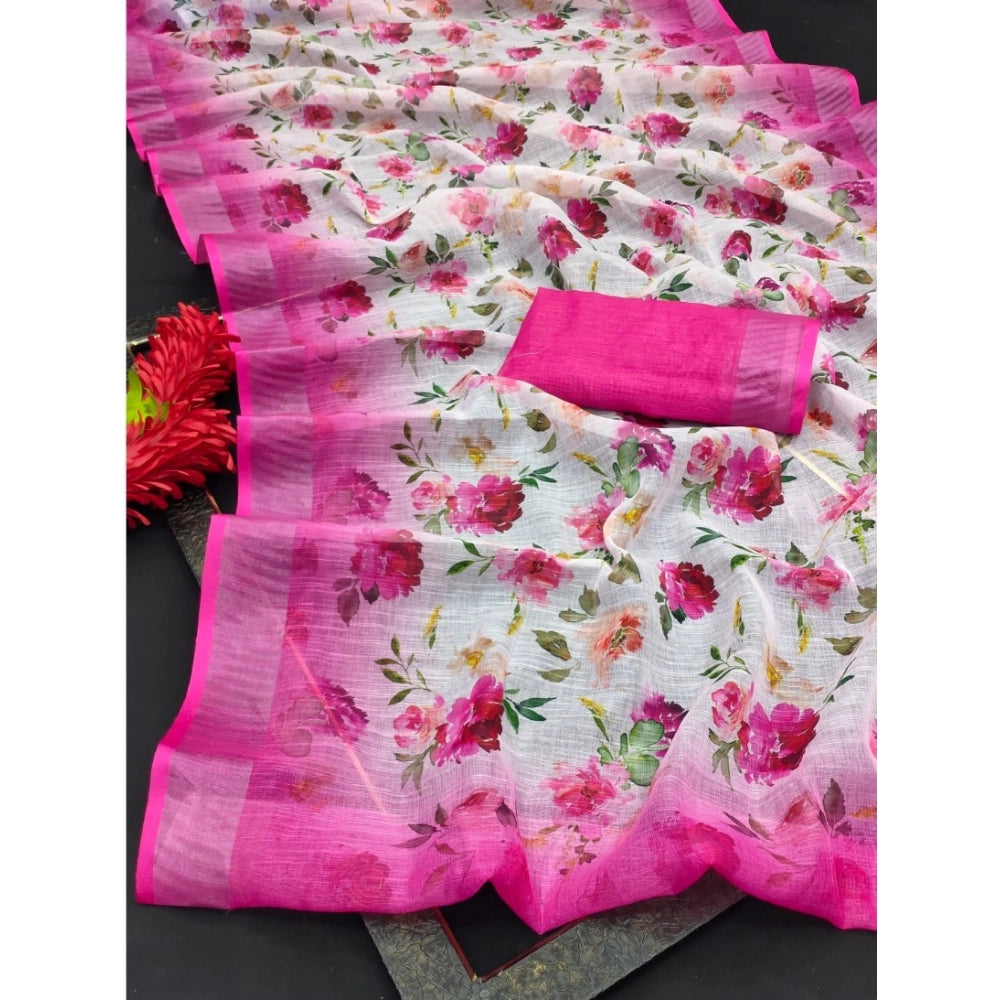 Amfyn Women's Cotton Linen Woven Design Saree With Unstitched Blouse 5.5Mtr (Pink)