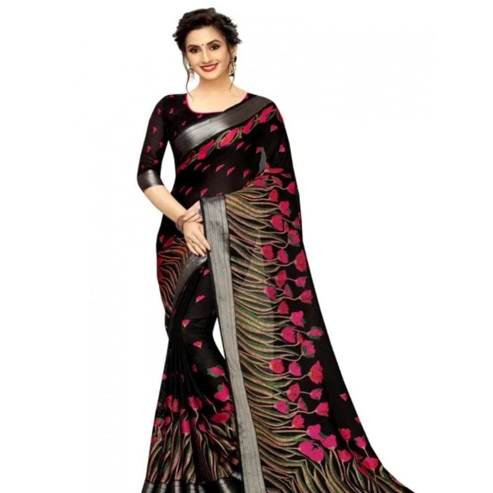 Amfyn Women's Cotton Linen Digital Print Saree With Unstitched Blouse 5.5Mtr (Black)