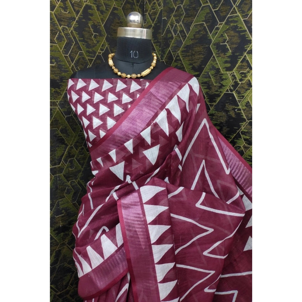 Amfyn Women's Cotton Linen Woven Design Saree With Unstitched Blouse 5.5Mtr (Maroon)