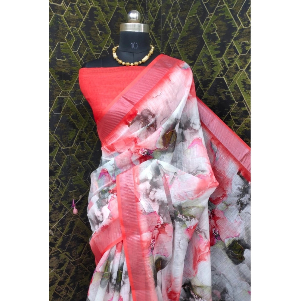 Amfyn Women's Cotton Linen Woven Design Saree With Unstitched Blouse 5.5Mtr (Red)