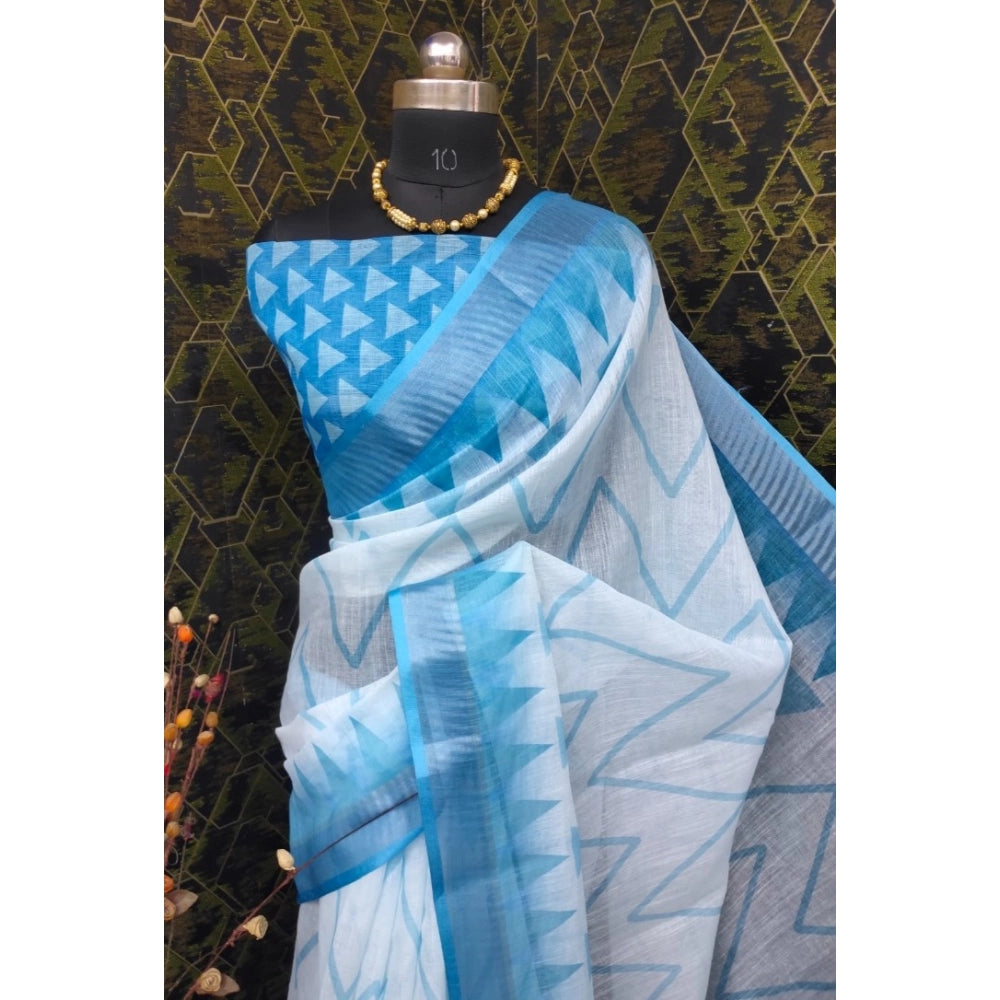 Amfyn Women's Cotton Linen Woven Design Saree With Unstitched Blouse 5.5Mtr (Sky Blue)