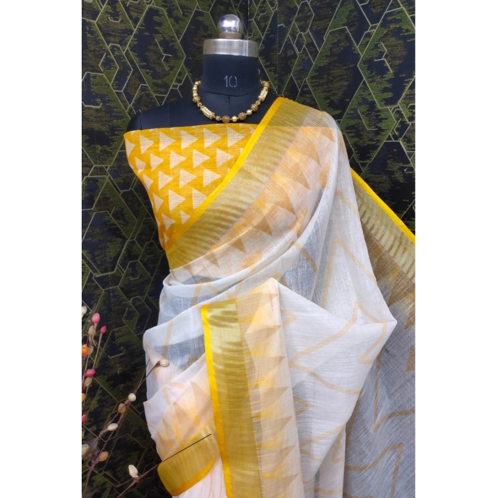 Amfyn Women's Cotton Linen Woven Design Saree With Unstitched Blouse 5.5Mtr (Yellow)