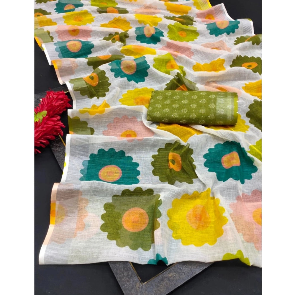 Amfyn Women's Cotton Linen Woven Design Saree With Unstitched Blouse 5.5Mtr (Green)