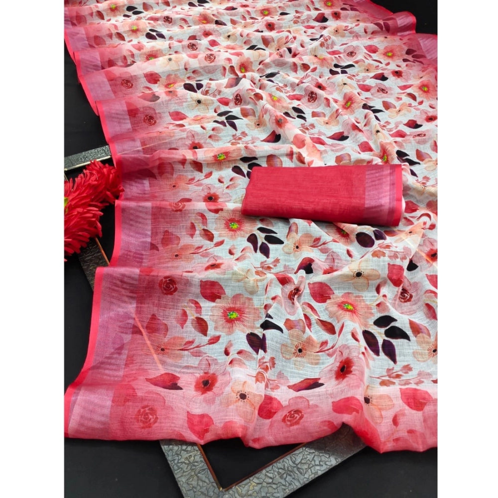 Amfyn Women's Cotton Linen Woven Design Saree With Unstitched Blouse 5.5Mtr (Red)