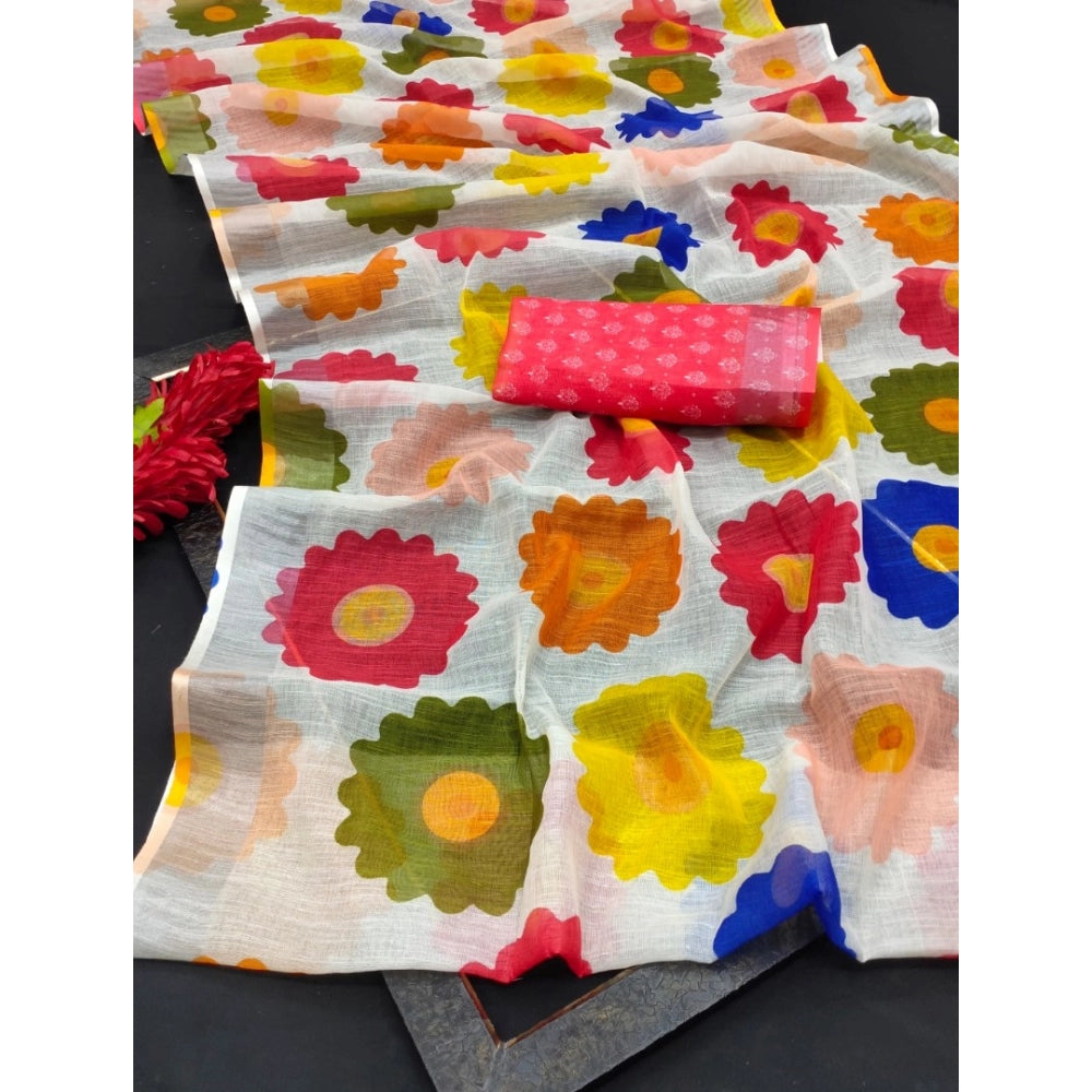 Amfyn Women's Cotton Linen Woven Design Saree With Unstitched Blouse 5.5Mtr (Red)