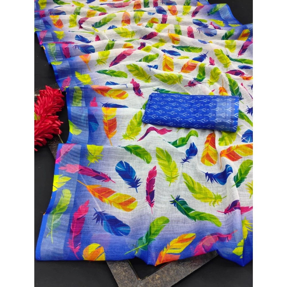 Amfyn Women's Cotton Linen Woven Design Saree With Unstitched Blouse 5.5Mtr (Blue)