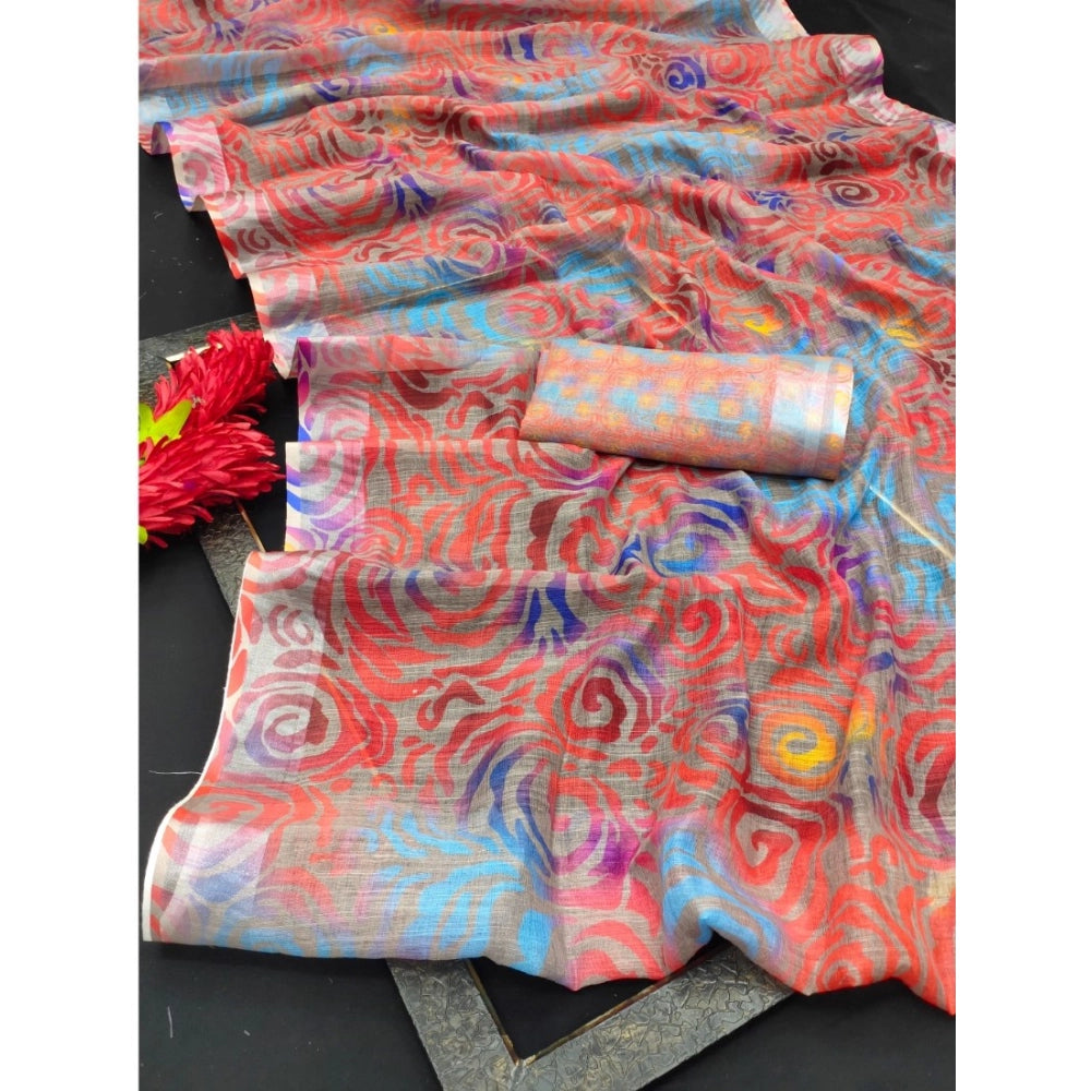 Amfyn Women's Cotton Linen Woven Design Saree With Unstitched Blouse 5.5Mtr (Red)