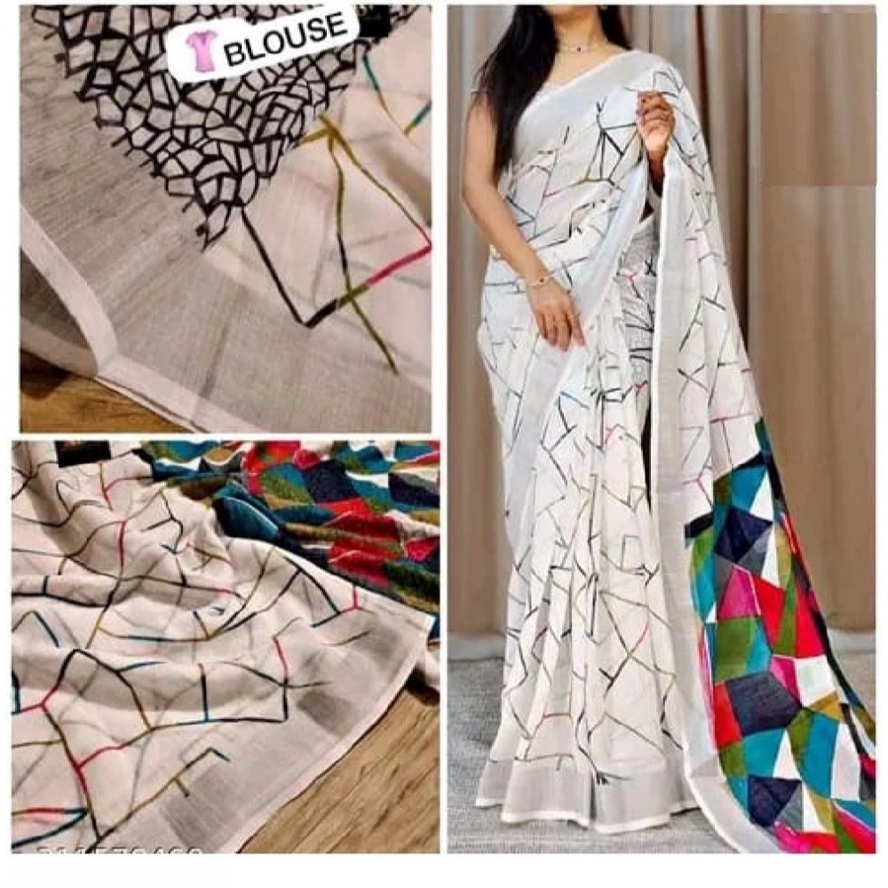 Amfyn Women's Cotton Linen Printed Saree With Unstitched Blouse 5.5Mtr (White)