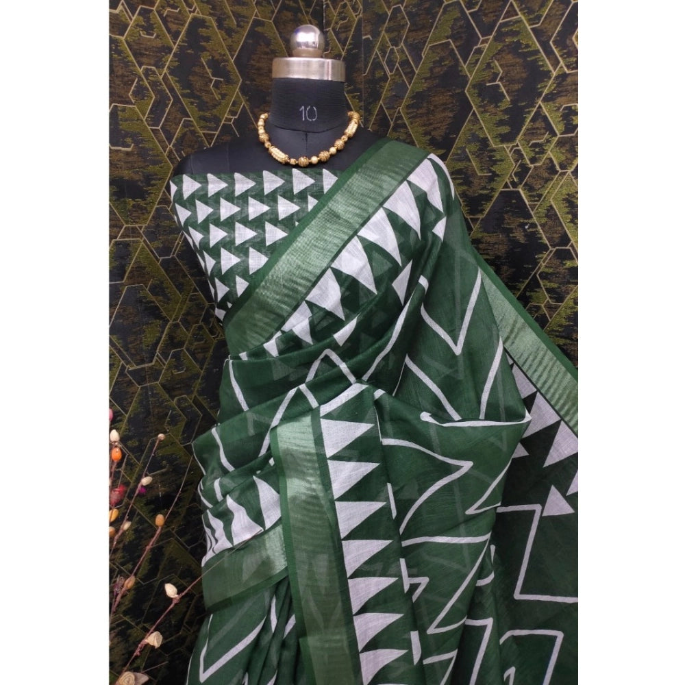 Amfyn Women's Cotton Linen Woven Design Saree With Unstitched Blouse 5.5Mtr (Green)