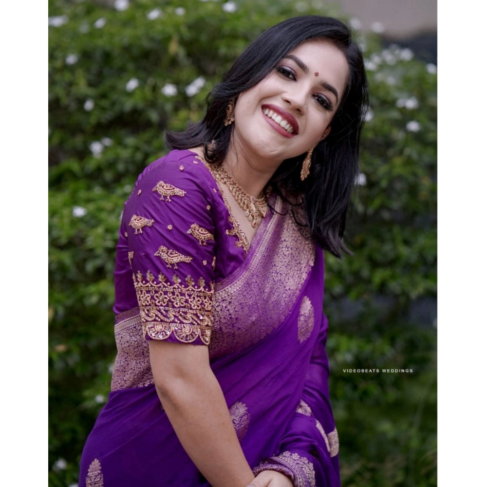 Amfyn Women's Silk Printed Saree With Unstitched Blouse 5.5Mtr (Purple)