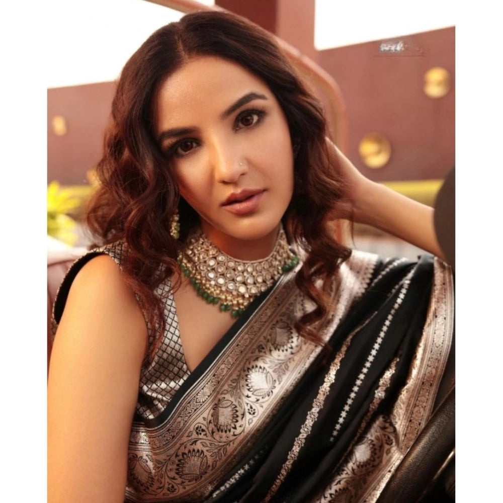 Amfyn Women's Silk Printed Saree With Unstitched Blouse 5.5Mtr (Black)