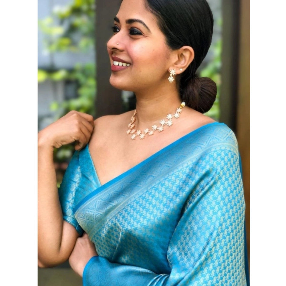 Amfyn Women's Silk Printed Saree With Unstitched Blouse 5.5Mtr (Sky Blue)