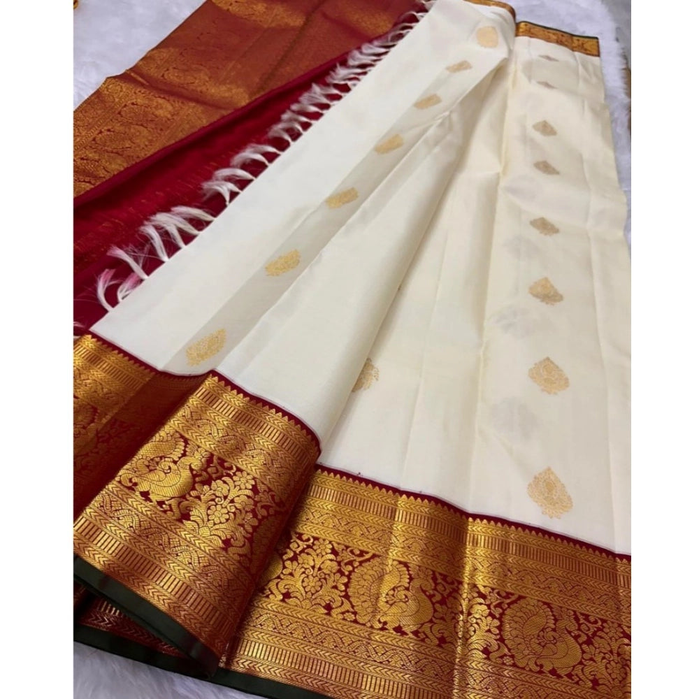 Amfyn Women's Silk Printed Saree With Unstitched Blouse 5.5Mtr (Off White-Red)
