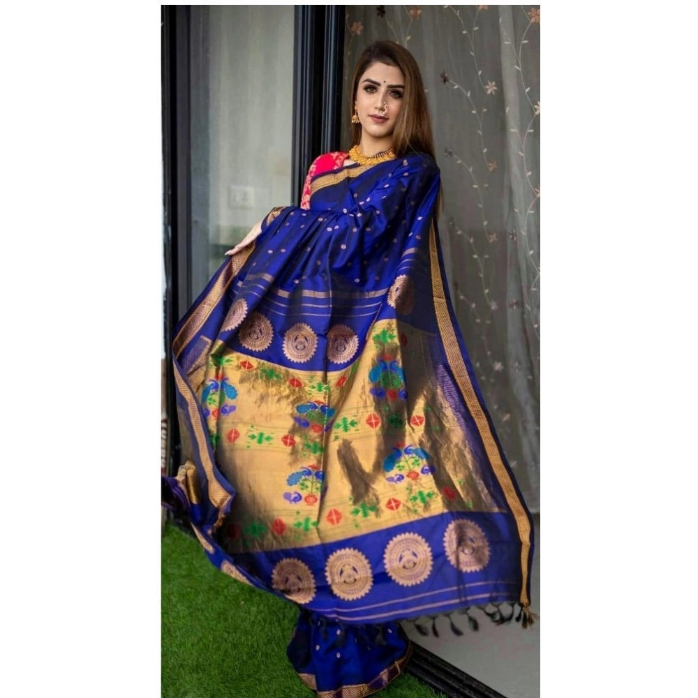 Amfyn Women's Silk Printed Saree With Unstitched Blouse 5.5Mtr (Blue)