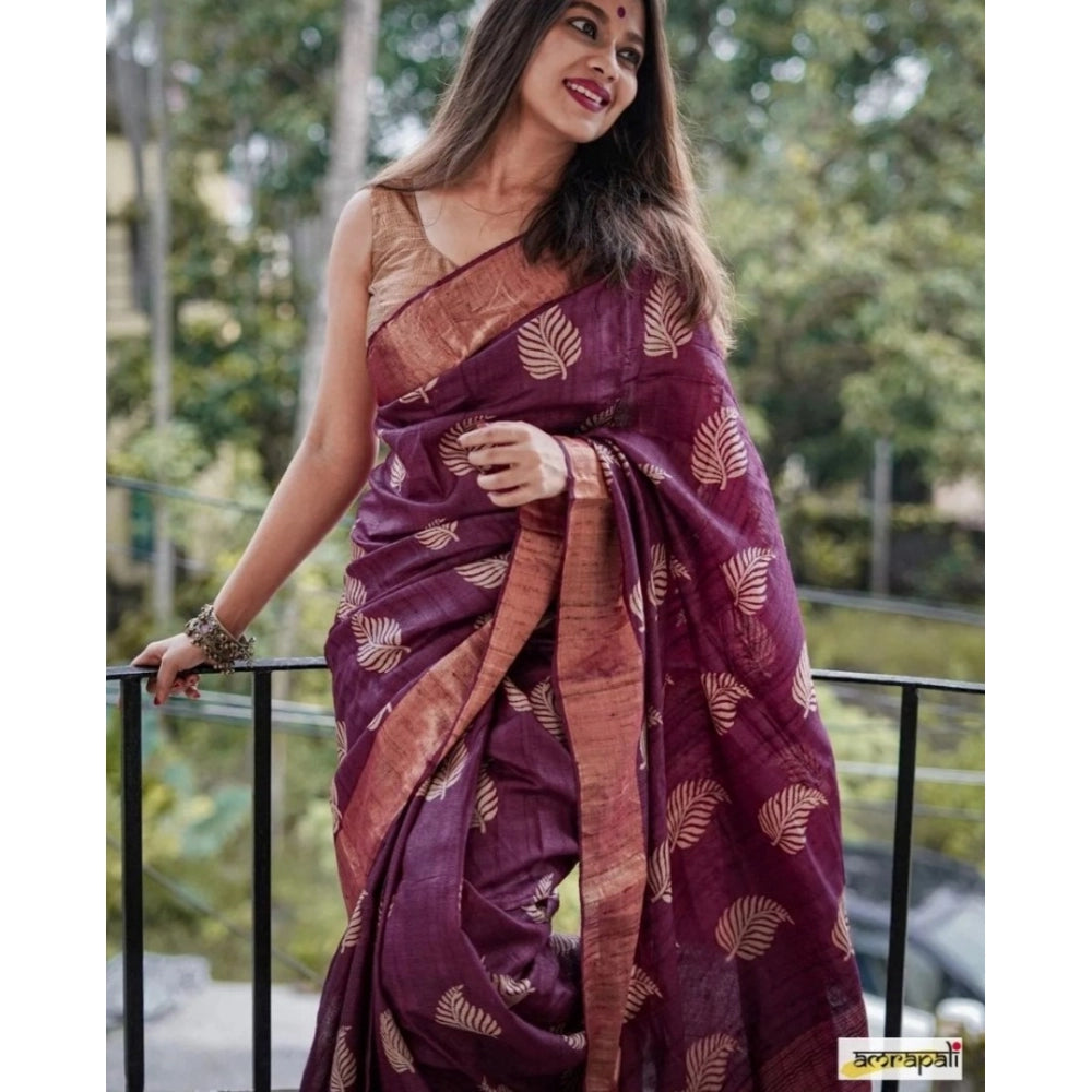 Amfyn Women's Silk Printed Saree With Unstitched Blouse 5.5Mtr (Purple)