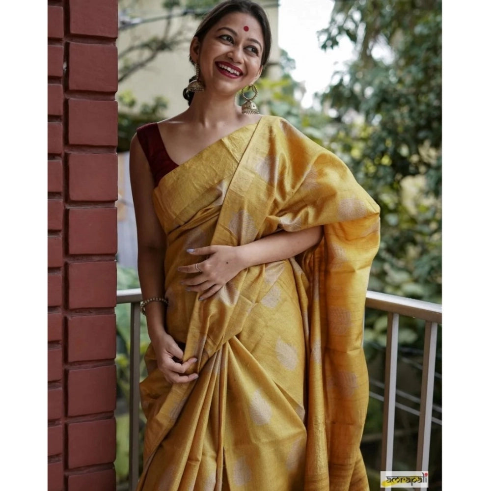 Amfyn Women's Silk Printed Saree With Unstitched Blouse 5.5Mtr (Yellow)