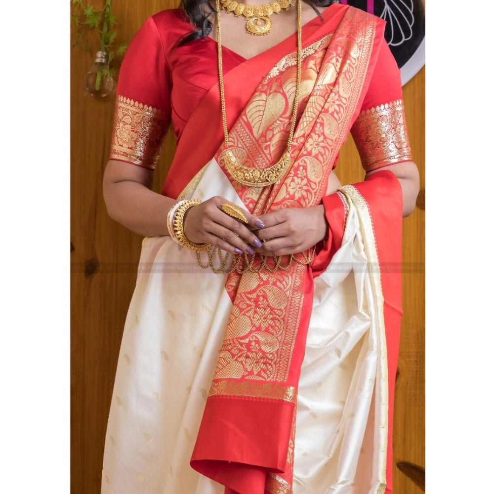 Amfyn Women's Silk Printed Saree With Unstitched Blouse 5.5Mtr (White-Red)