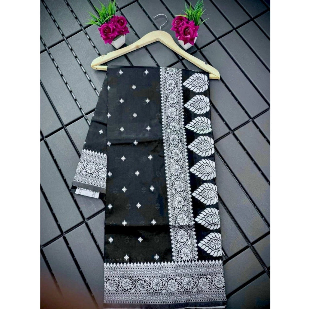 Amfyn Women's Silk Printed Saree With Unstitched Blouse 5.5Mtr (Black)