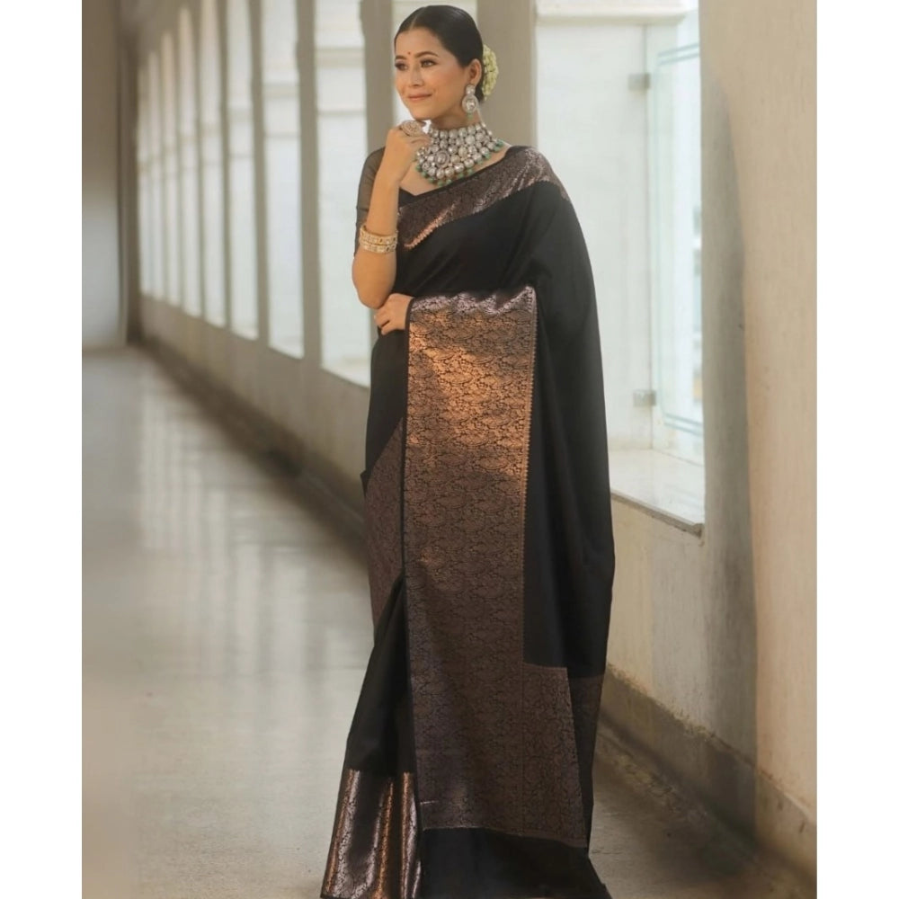 Amfyn Women's Silk Printed Saree With Unstitched Blouse 5.5Mtr (Black)