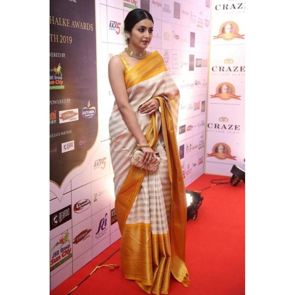 Amfyn Women's Silk Printed Saree With Unstitched Blouse 5.5Mtr (Off White-Yellow)