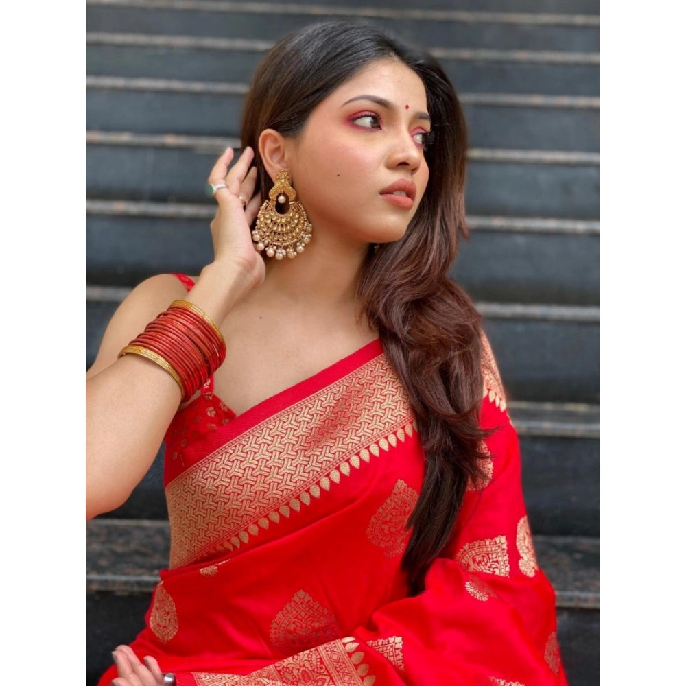 Amfyn Women's Silk Printed Saree With Unstitched Blouse 5.5Mtr (Red)