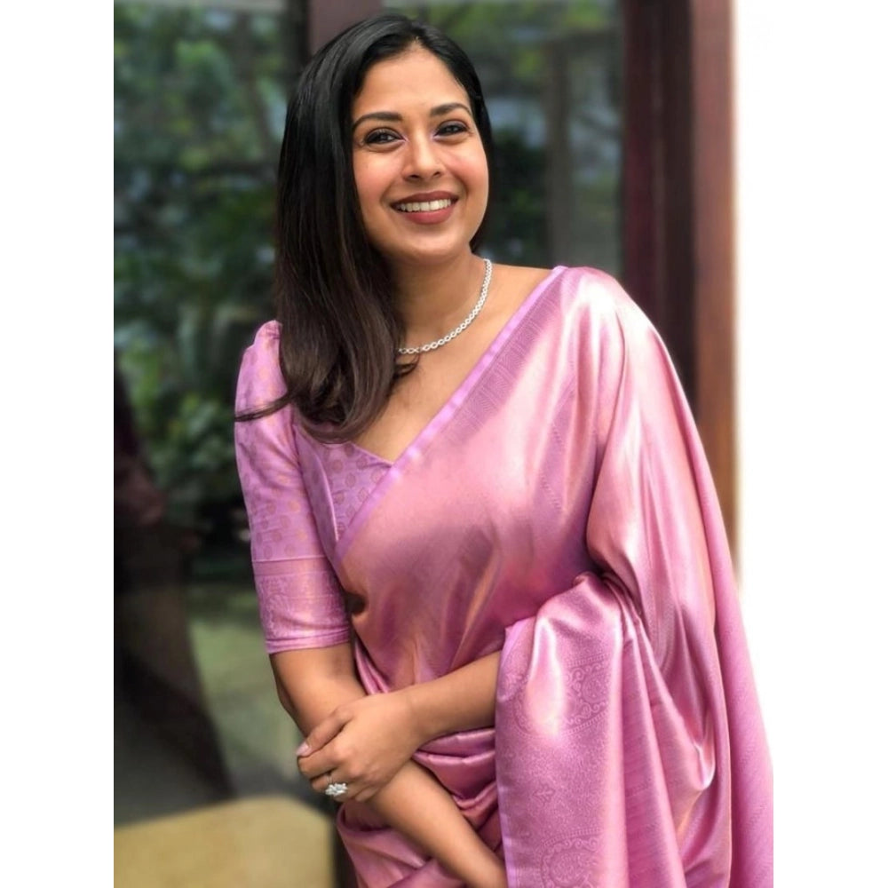 Amfyn Women's Silk Printed Saree With Unstitched Blouse 5.5Mtr (Pink)