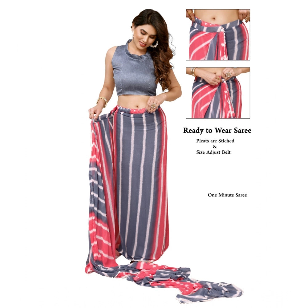 Amfyn Women's Small Lace Georgette Striped Ready-to-Wear Saree With Unstitched Blouse 5.5 Mtr (Pink)